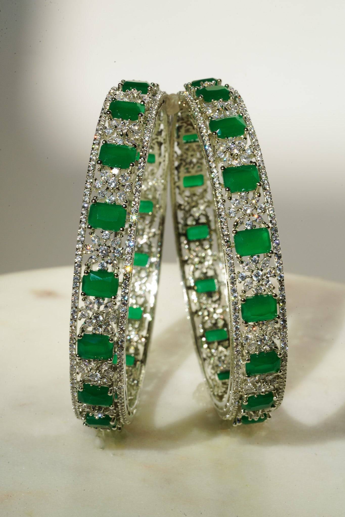 Ishani - Rhodium Plated & Green AD Bangles (Set of 2) Bangles from Inaury