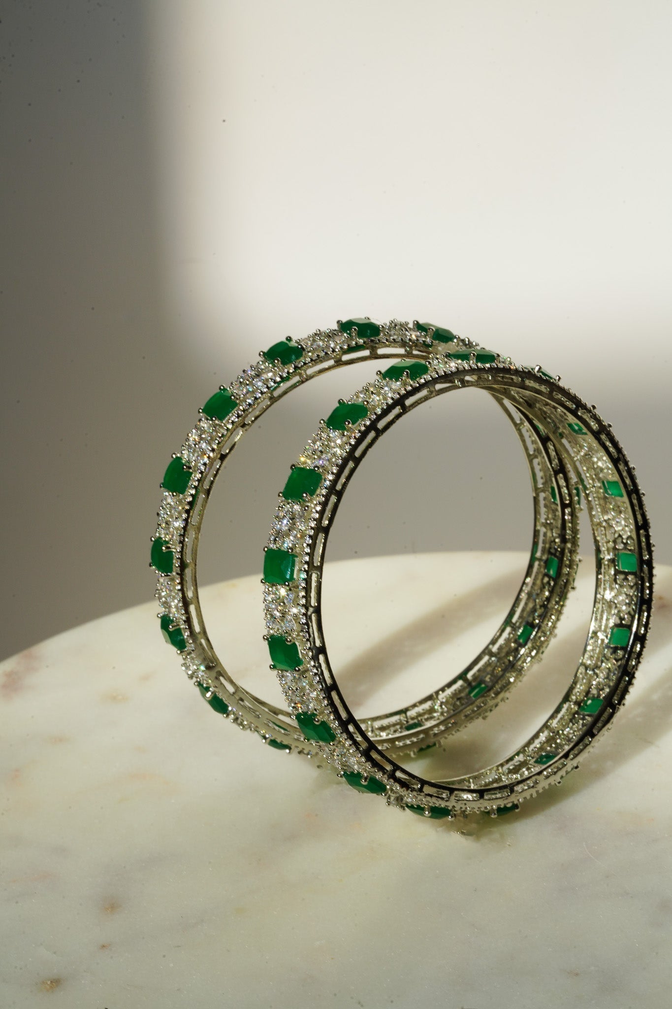 Ishani - Rhodium Plated & Green AD Bangles (Set of 2) Bangles from Inaury