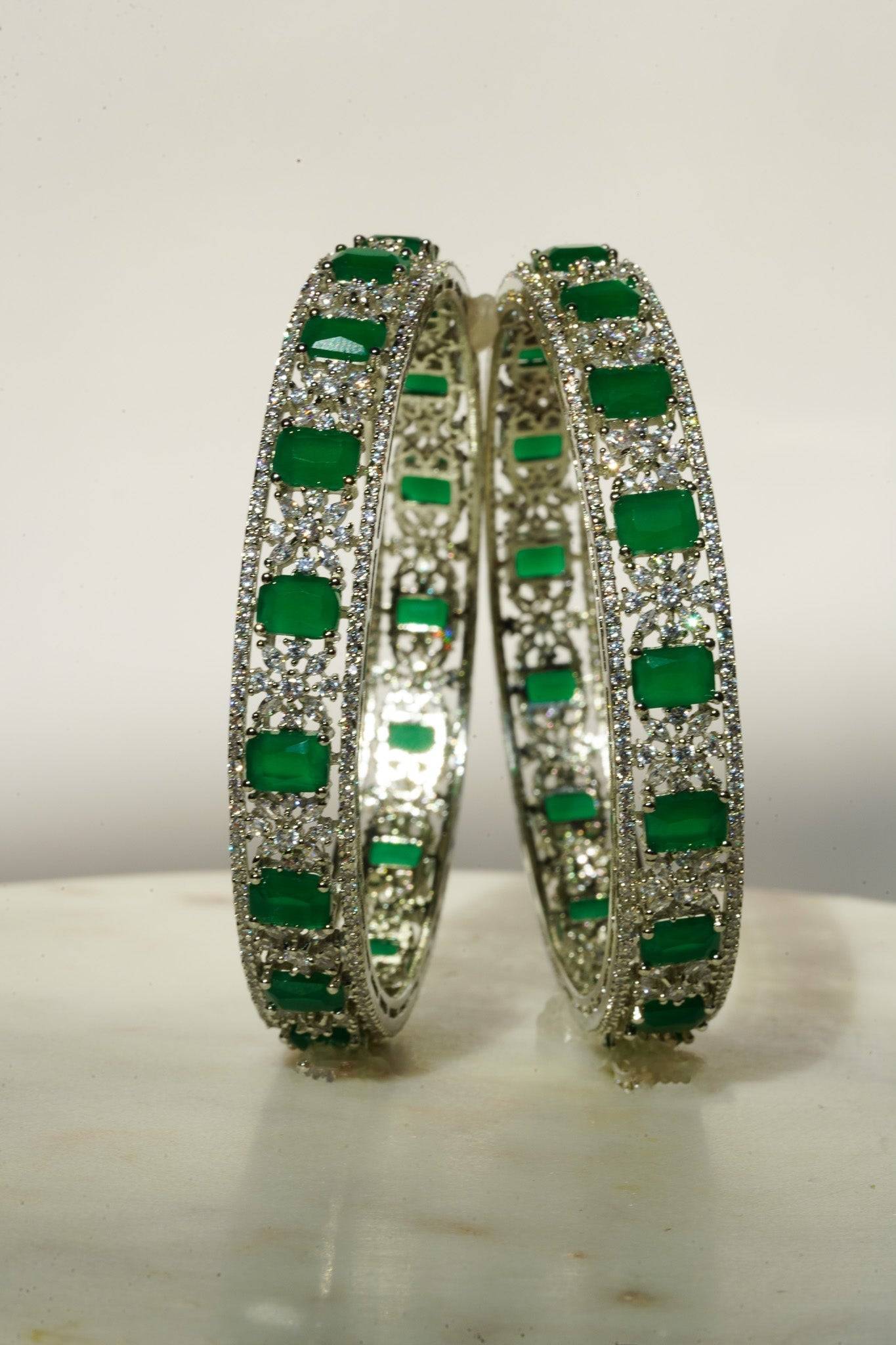 Ishani - Rhodium Plated & Green AD Bangles (Set of 2) Bangles from Inaury