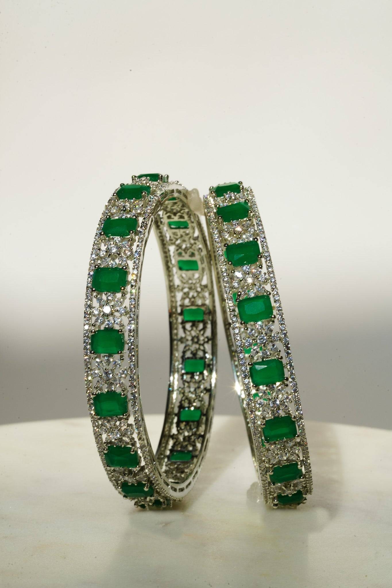 Ishani - Rhodium Plated & Green AD Bangles (Set of 2) Bangles from Inaury