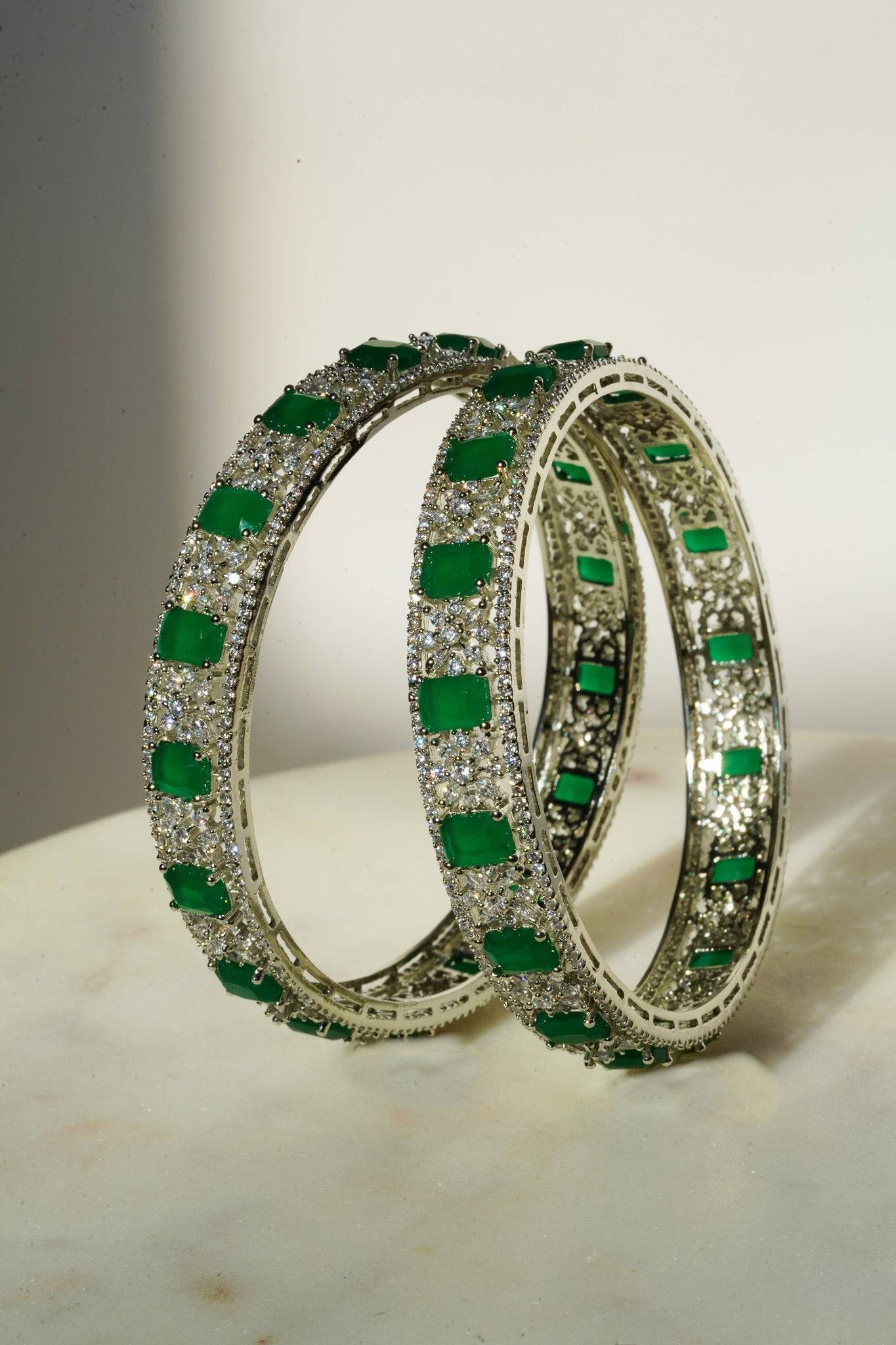 Ishani - Rhodium Plated & Green AD Bangles (Set of 2) Bangles from Inaury