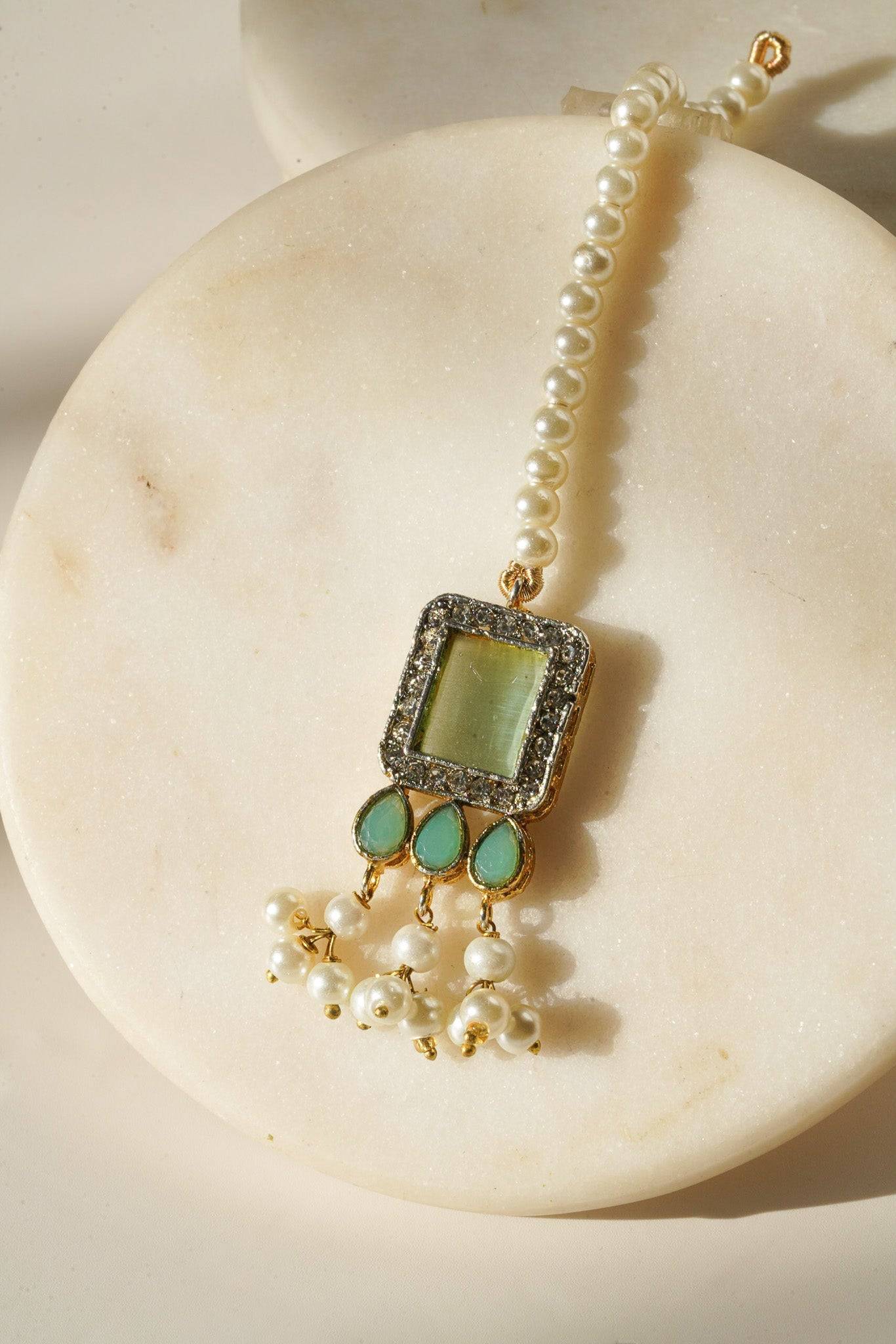 Jahanara Gold Plated Choker Necklace Set - Artisan crafted with cushion cut center stones, zircon rims, teardrop accents, 1.5" earrings, and a charming maang tikka.