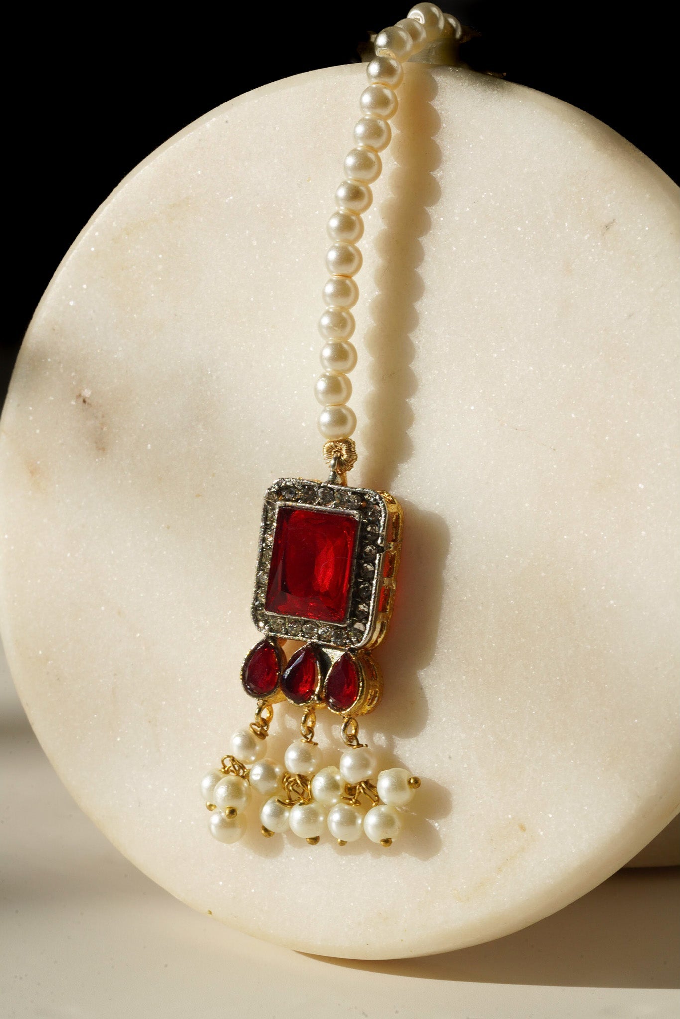 Jahanara Gold Plated Choker Necklace Set - Artisan crafted with cushion cut center stones, zircon rims, teardrop accents, 1.5" earrings, and a charming maang tikka.