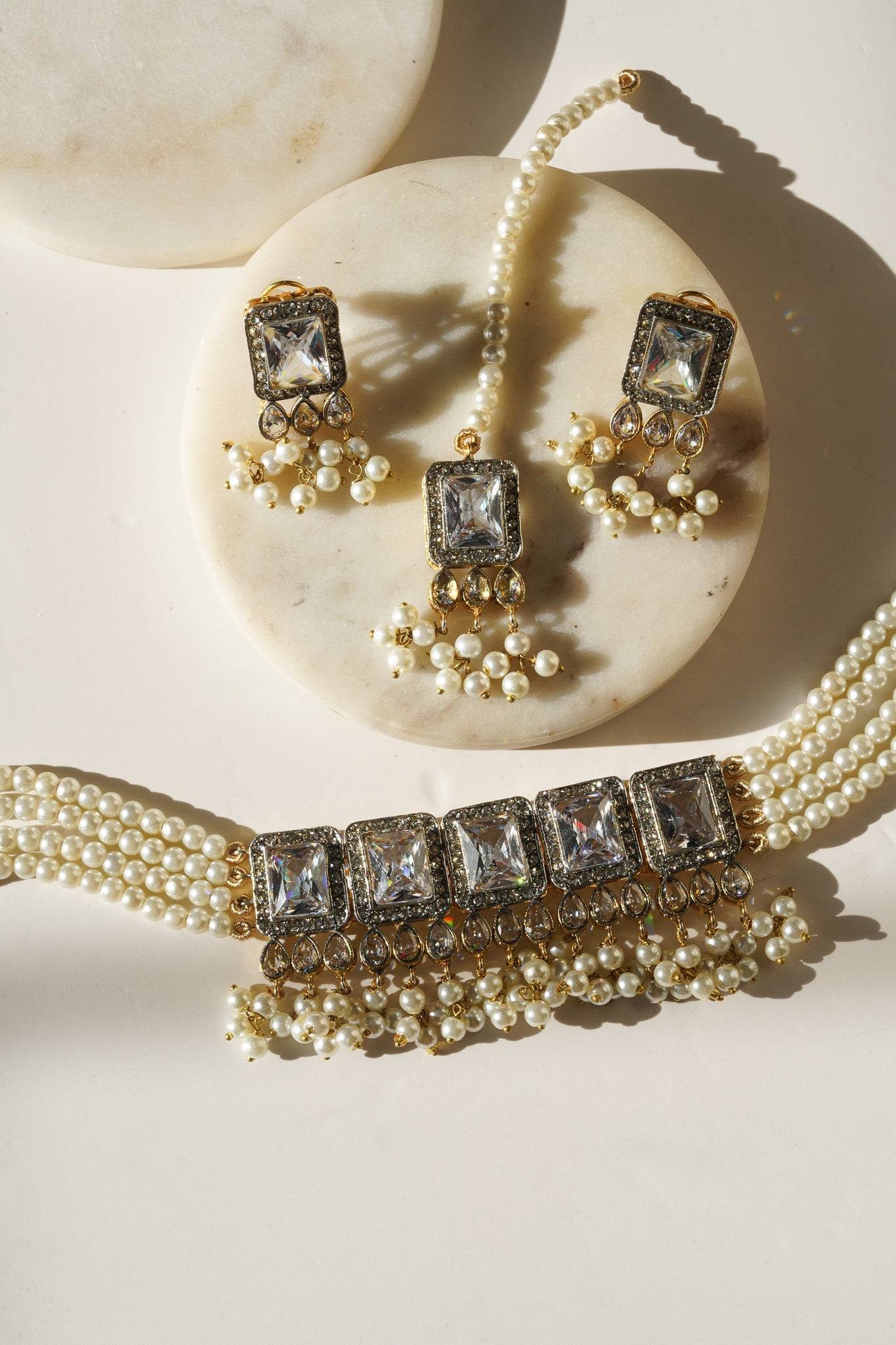 Jahanara - Choker Necklace Set With Earrings & Maang Tikka Choker Necklace Set from Inaury