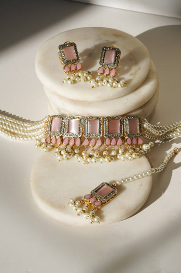 Jahanara Gold Plated Choker Necklace Set - Artisan crafted with cushion cut center stones, zircon rims, teardrop accents, 1.5" earrings, and a charming maang tikka.