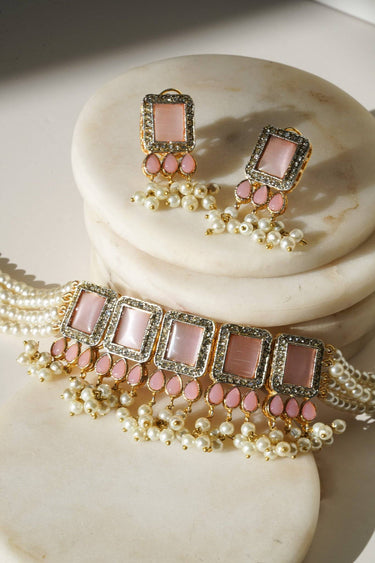 Jahanara Gold Plated Choker Necklace Set - Artisan crafted with cushion cut center stones, zircon rims, teardrop accents, 1.5" earrings, and a charming maang tikka.