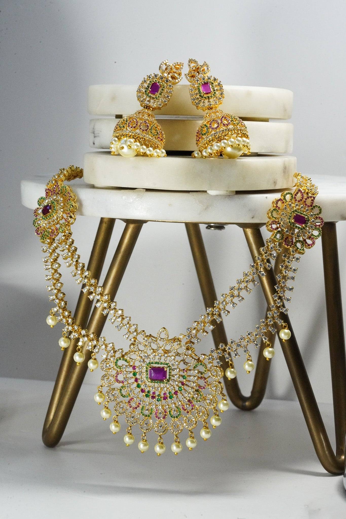 Jassi - Gold Plated Double Layer Multicolor AD Necklace Set Classic Necklace Set from Inaury