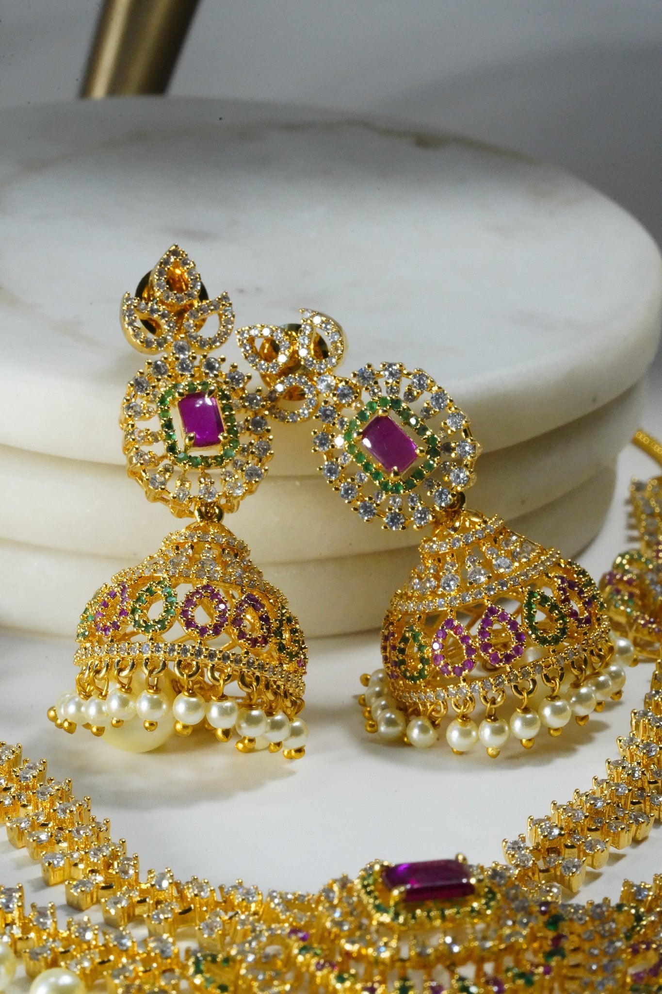 Jassi - Gold Plated Double Layer Multicolor AD Necklace Set Classic Necklace Set from Inaury