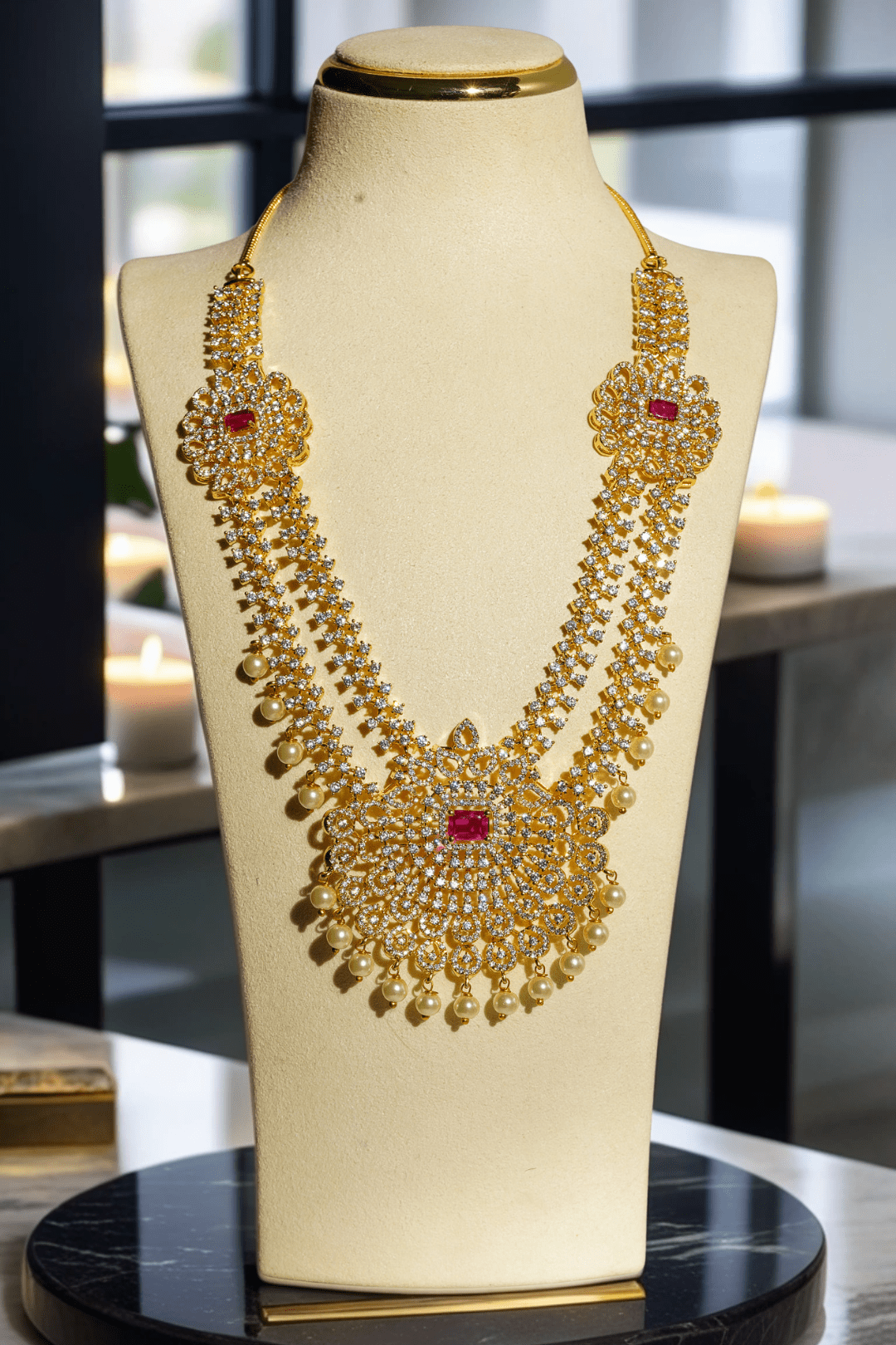 Jassi - Gold Plated Double Layer Multicolor AD Necklace Set Classic Necklace Set from Inaury