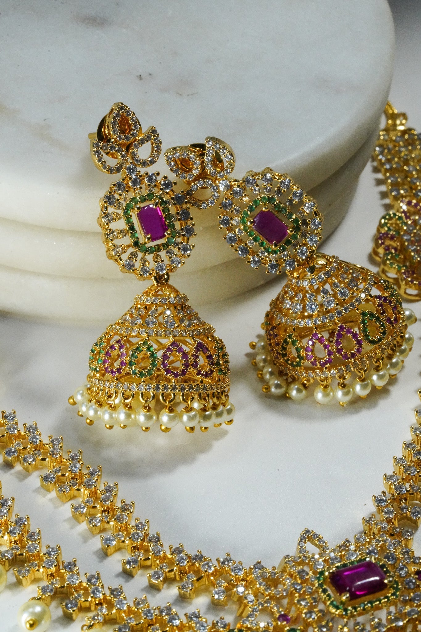 Jassi - Gold Plated Double Layer Multicolor AD Necklace Set Classic Necklace Set from Inaury