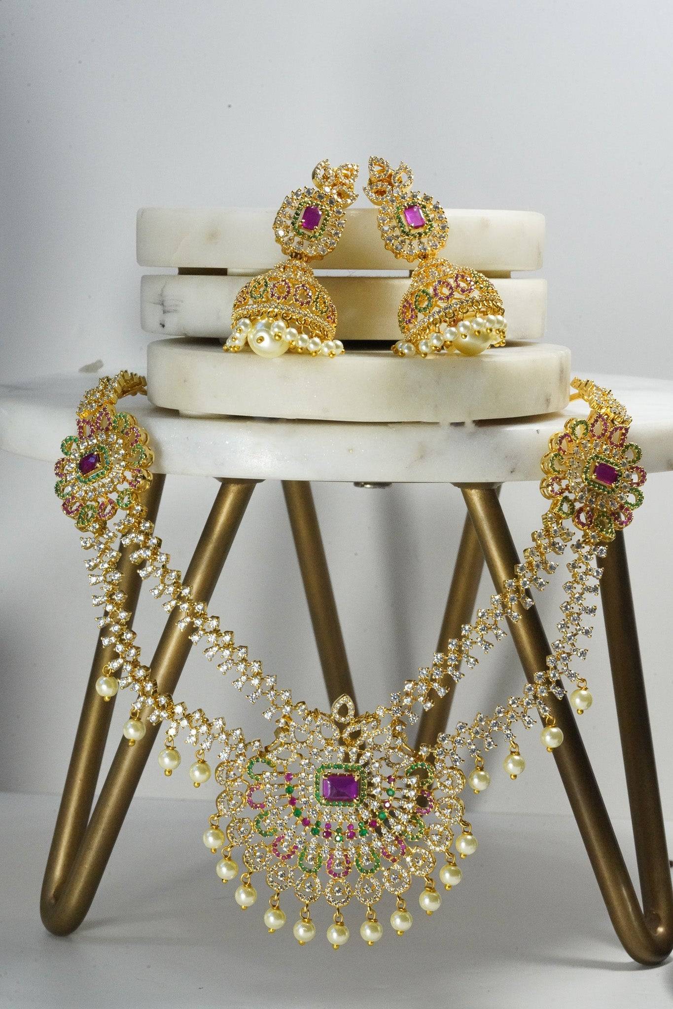 Jassi - Gold Plated Double Layer Multicolor AD Necklace Set Classic Necklace Set from Inaury