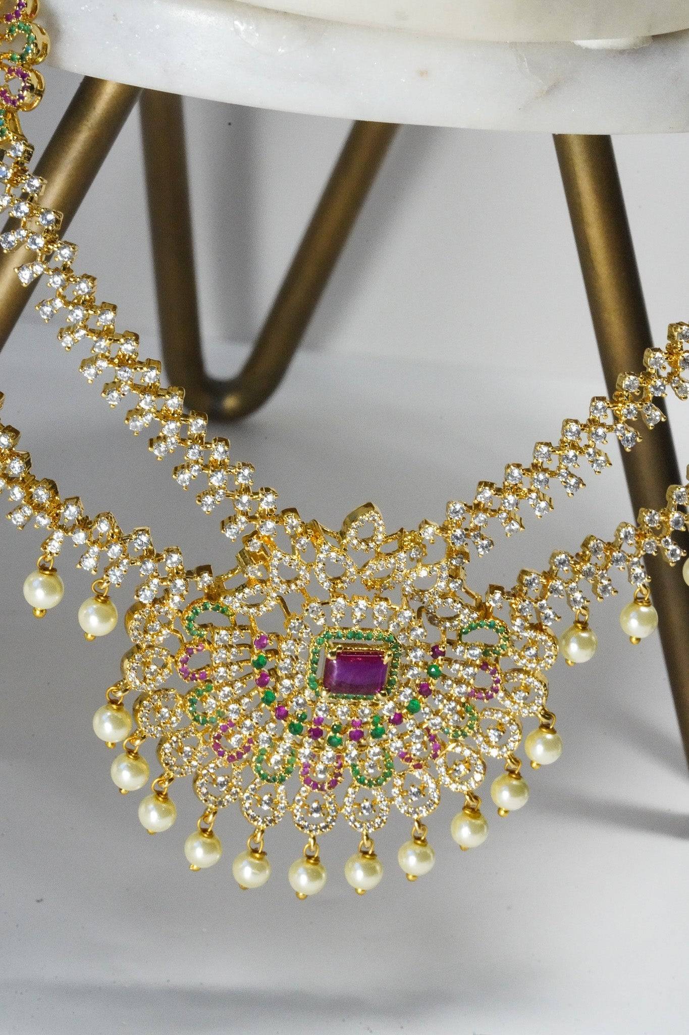 Jassi - Gold Plated Double Layer Multicolor AD Necklace Set Classic Necklace Set from Inaury