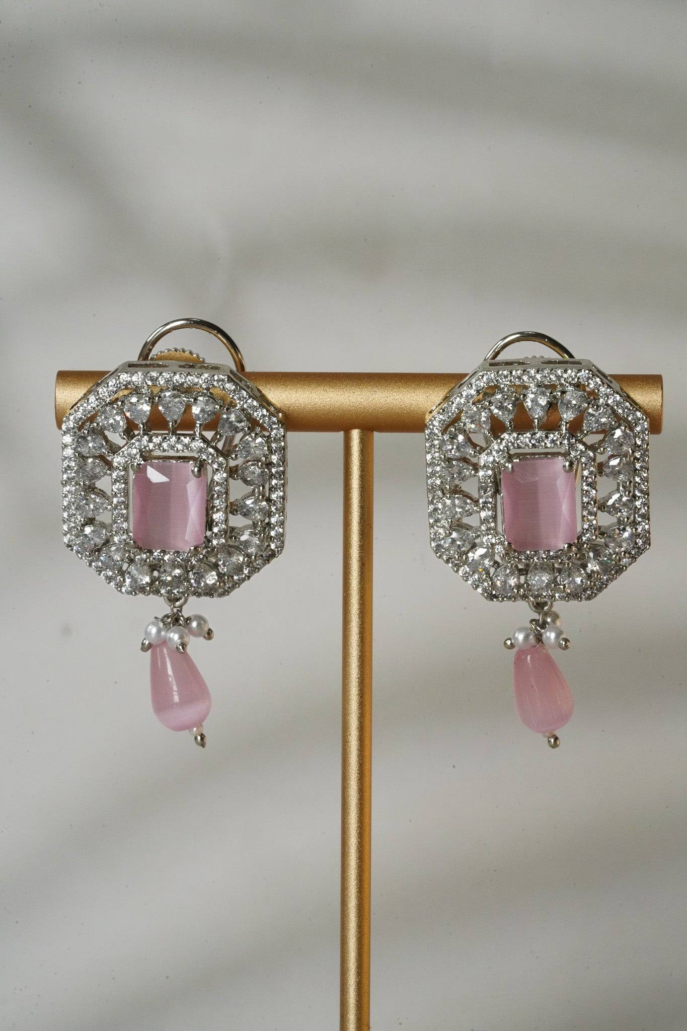 Jhanvi Choker Necklace Set - Silver & Gem Variations featuring cushion-cut AD stones with pink teardrop accents, includes matching earrings.