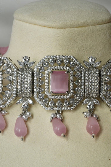 Jhanvi Choker Necklace Set - Silver & Gem Variations featuring cushion-cut AD stones with pink teardrop accents, includes matching earrings.