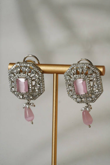 Jhanvi Choker Necklace Set - Silver & Gem Variations featuring cushion-cut AD stones with pink teardrop accents, includes matching earrings.