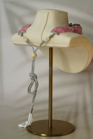 Jhanvi Choker Necklace Set - Silver & Gem Variations featuring cushion-cut AD stones with pink teardrop accents, includes matching earrings.