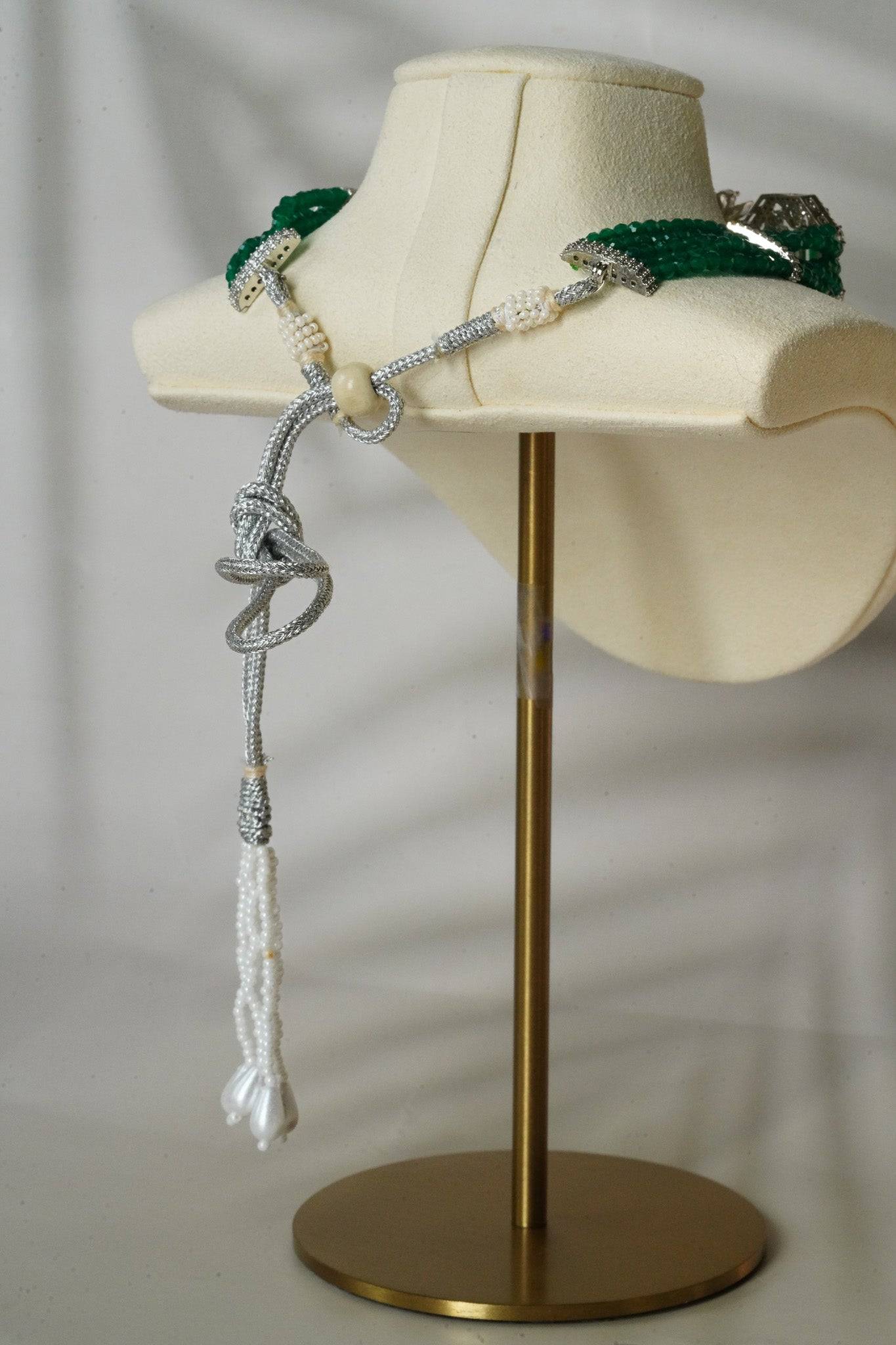 Jhanvi Choker Necklace Set - Silver & Gem Variations featuring cushion-cut AD stones with green teardrop accents, includes matching earrings.