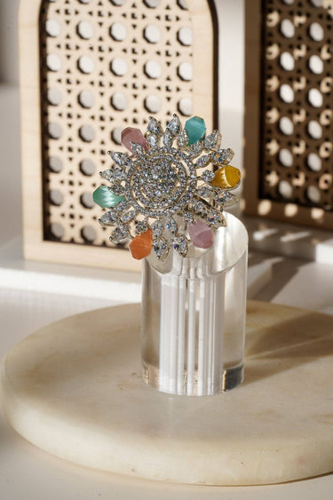 Keya Floral AD Ring - Rhodium-plated with AD stones in silver & ruby, silver & sapphire blue, silver & multicolor, and silver & pink/mint.