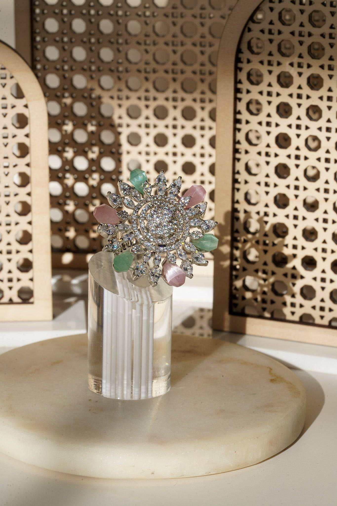Keya Floral AD Ring - Rhodium-plated with AD stones in silver & ruby, silver & sapphire blue, silver & multicolor, and silver & pink/mint.