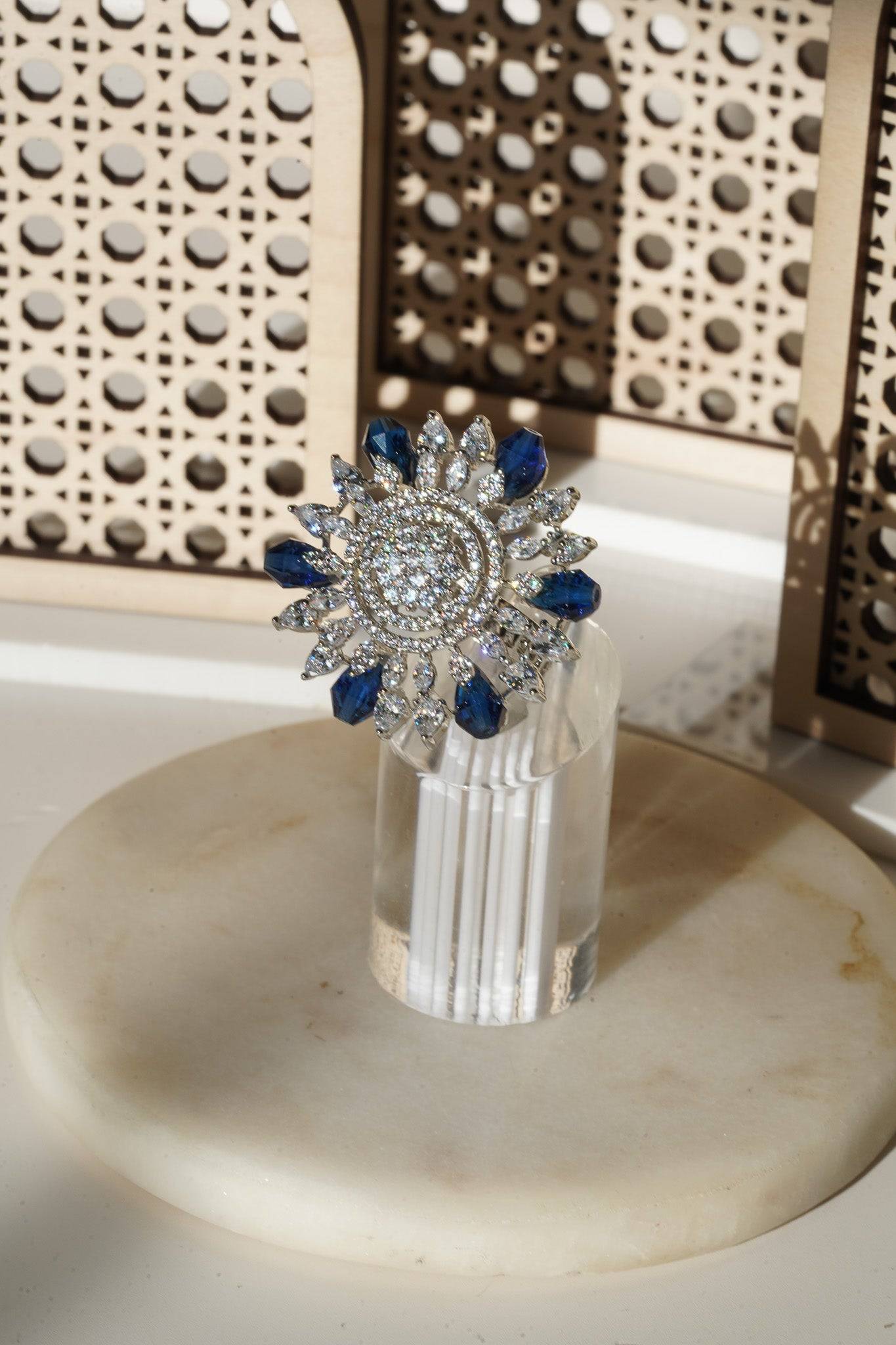 Keya Floral AD Ring - Rhodium-plated with AD stones in silver & ruby, silver & sapphire blue, silver & multicolor, and silver & pink/mint.