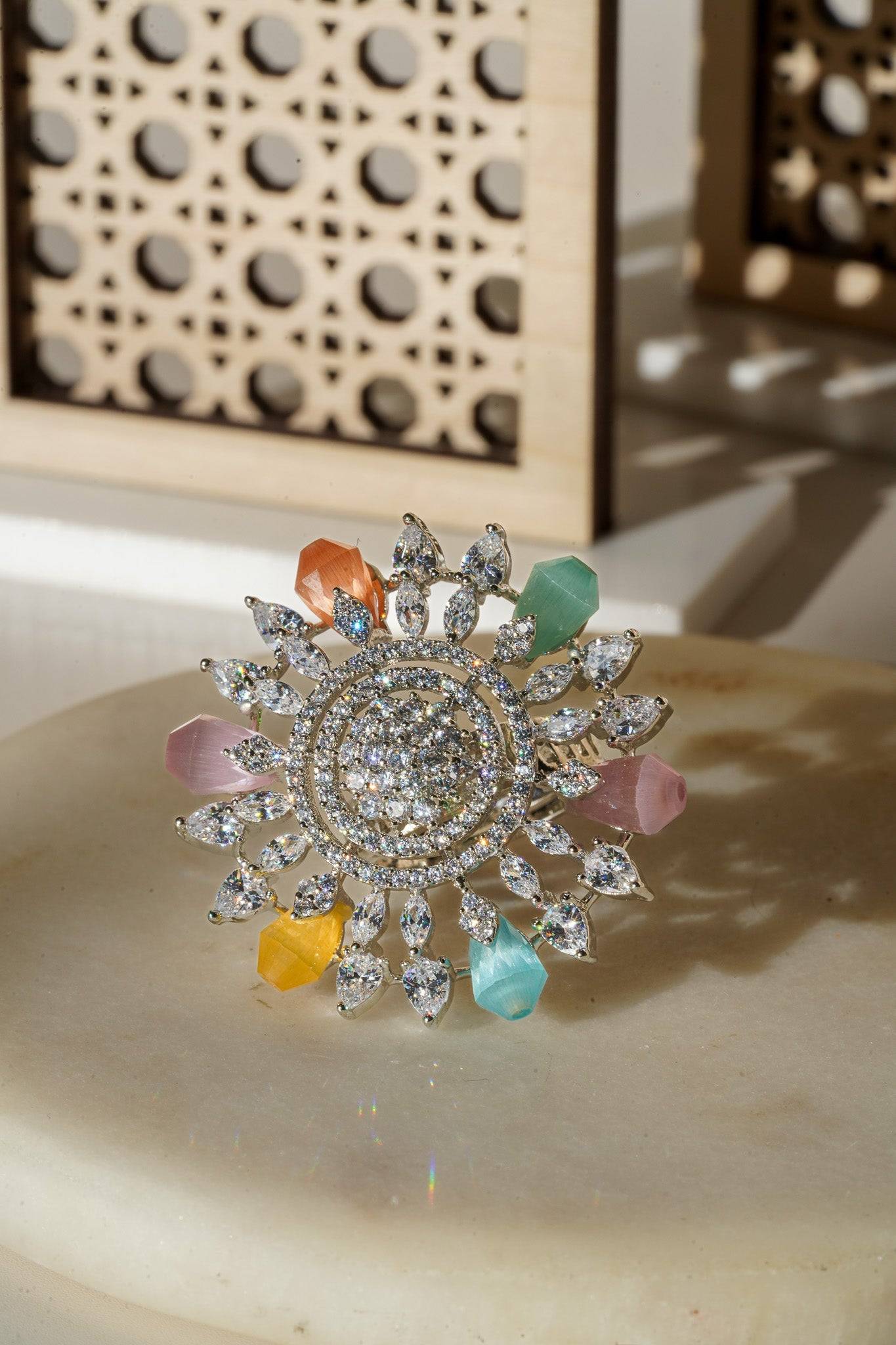 Keya Floral AD Ring - Rhodium-plated with AD stones in silver & ruby, silver & sapphire blue, silver & multicolor, and silver & pink/mint.