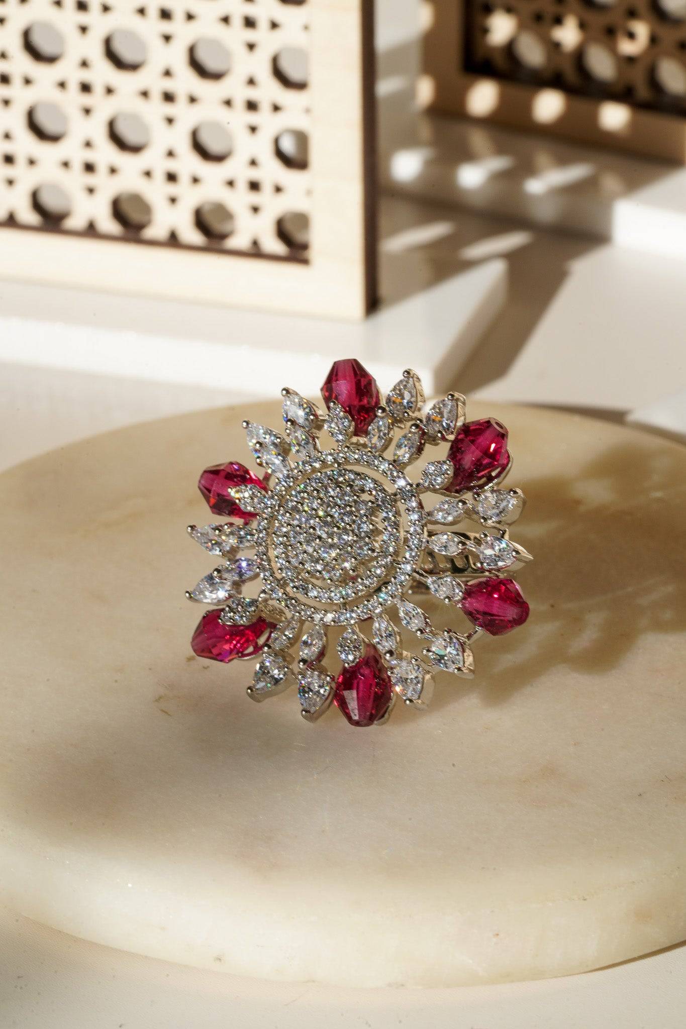 Keya Floral AD Ring - Rhodium-plated with AD stones in silver & ruby, silver & sapphire blue, silver & multicolor, and silver & pink/mint.