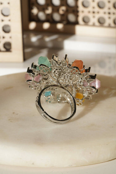 Keya Floral AD Ring - Rhodium-plated with AD stones in silver & ruby, silver & sapphire blue, silver & multicolor, and silver & pink/mint.
