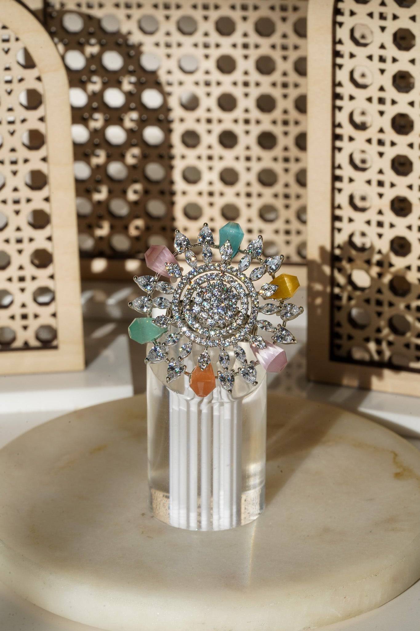 Keya Floral AD Ring - Rhodium-plated with AD stones in silver & ruby, silver & sapphire blue, silver & multicolor, and silver & pink/mint.