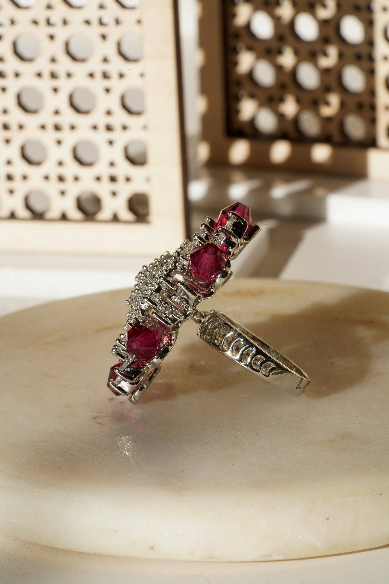 Keya Floral AD Ring - Rhodium-plated with AD stones in silver & ruby, silver & sapphire blue, silver & multicolor, and silver & pink/mint.