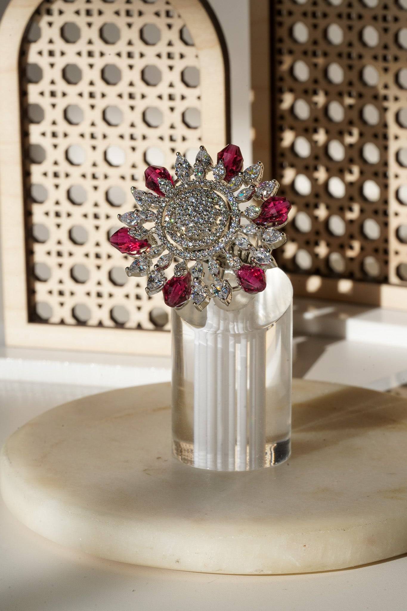 Keya Floral AD Ring - Rhodium-plated with AD stones in silver & ruby, silver & sapphire blue, silver & multicolor, and silver & pink/mint.