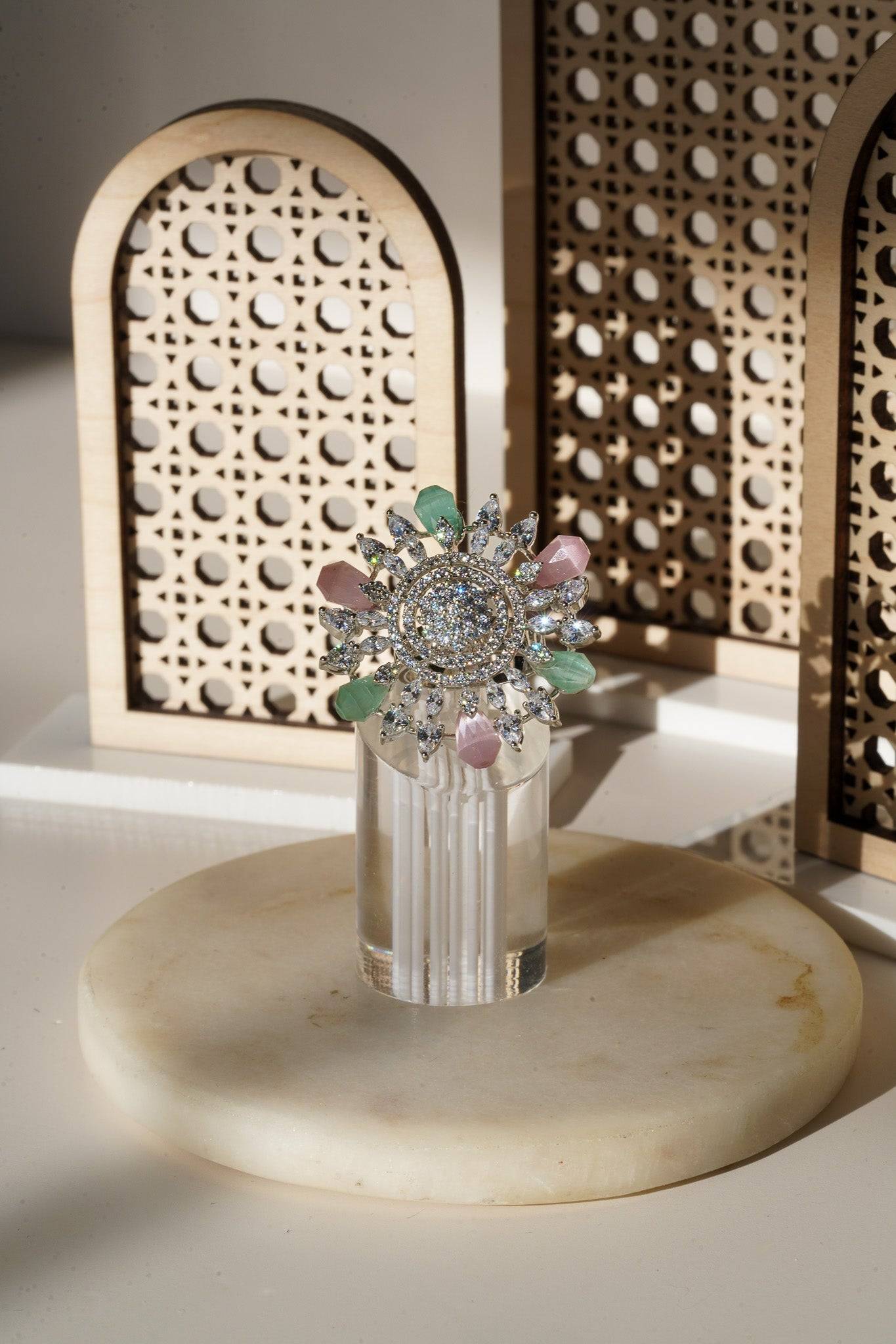 Keya Floral AD Ring - Rhodium-plated with AD stones in silver & ruby, silver & sapphire blue, silver & multicolor, and silver & pink/mint.