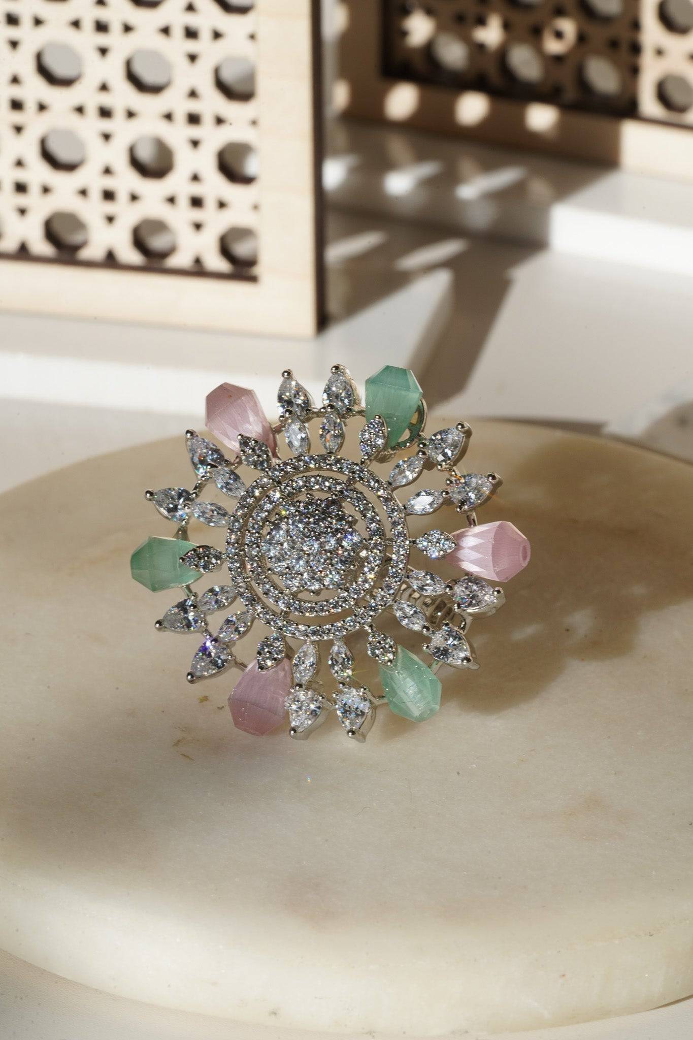 Keya Floral AD Ring - Rhodium-plated with AD stones in silver & ruby, silver & sapphire blue, silver & multicolor, and silver & pink/mint.