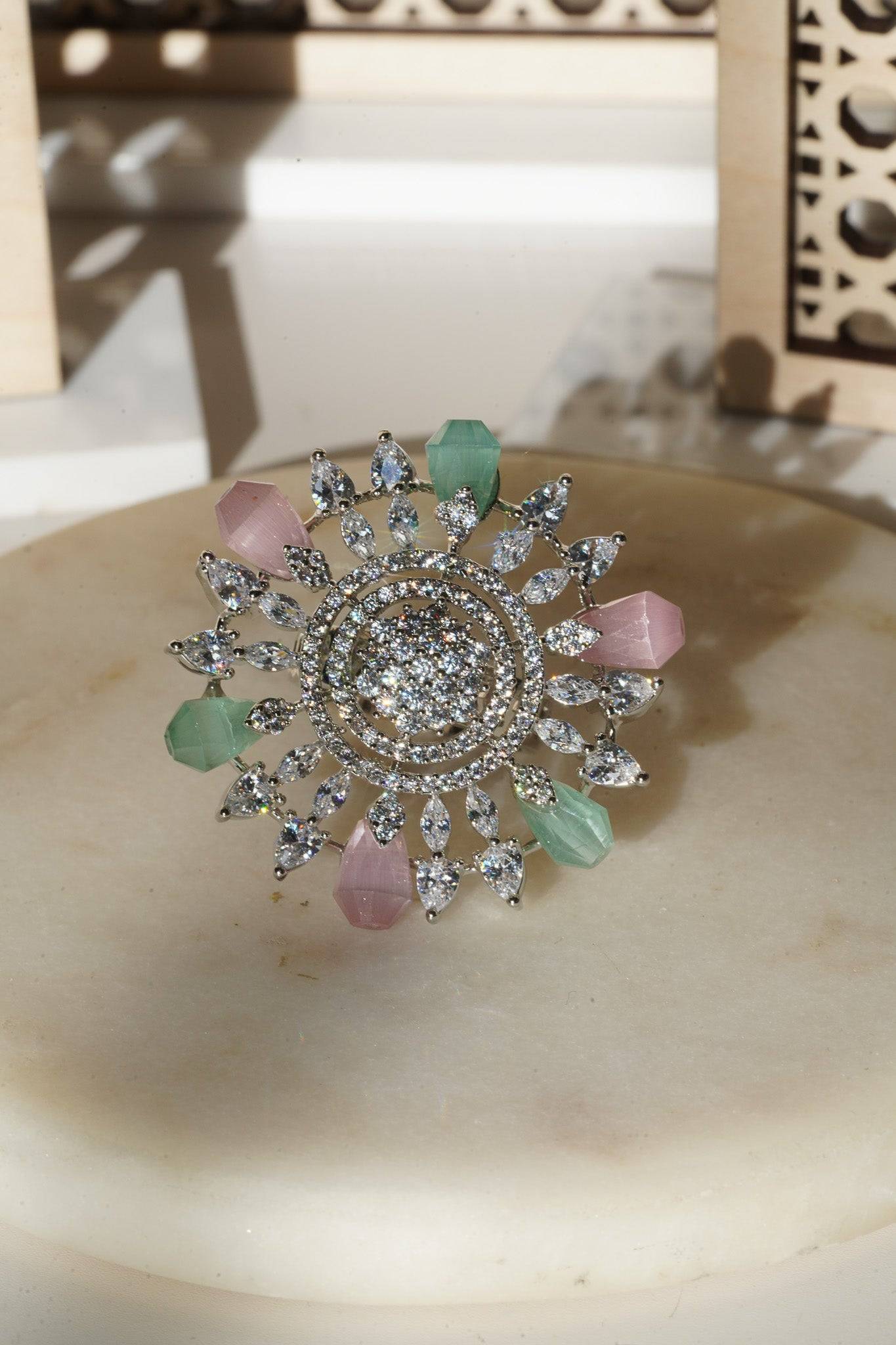 Keya Floral AD Ring - Rhodium-plated with AD stones in silver & ruby, silver & sapphire blue, silver & multicolor, and silver & pink/mint.