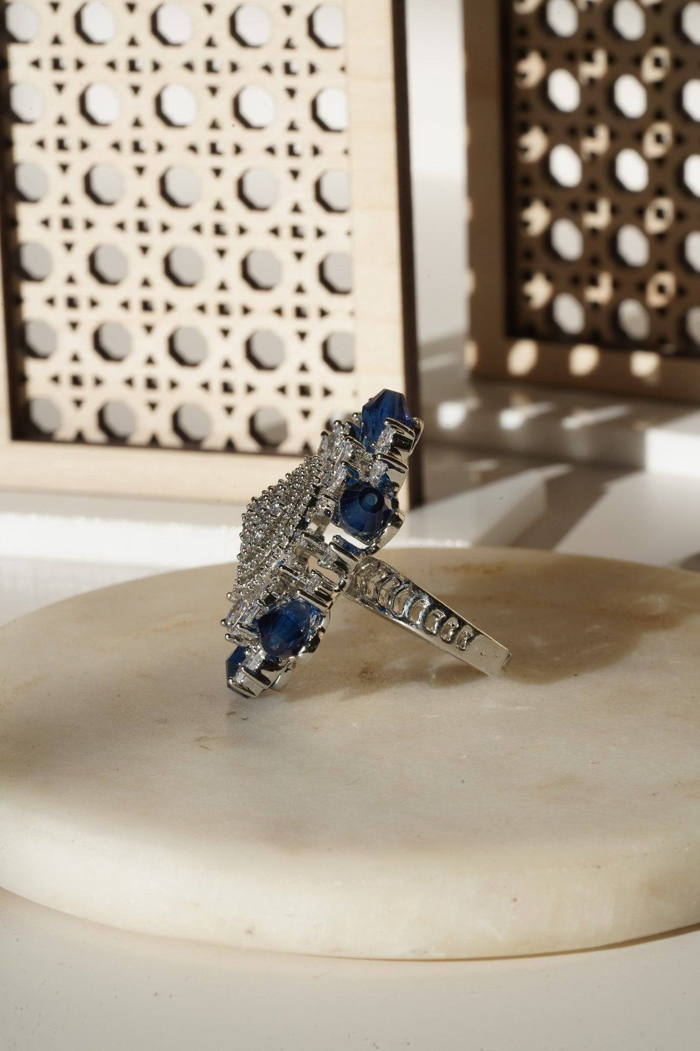Keya Floral AD Ring - Rhodium-plated with AD stones in silver & ruby, silver & sapphire blue, silver & multicolor, and silver & pink/mint.