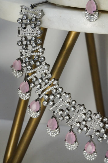 Krippa Black Plated AD Necklace Set - Black-plated, tarnish-resistant finish with dazzling AD stones, available in four colors: black-oxidized & blue, black-oxidized & purple, black-oxidized & pink, and black-oxidized & yellow.