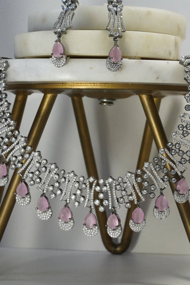 Krippa Black Plated AD Necklace Set - Black-plated, tarnish-resistant finish with dazzling AD stones, available in four colors: black-oxidized & blue, black-oxidized & purple, black-oxidized & pink, and black-oxidized & yellow.