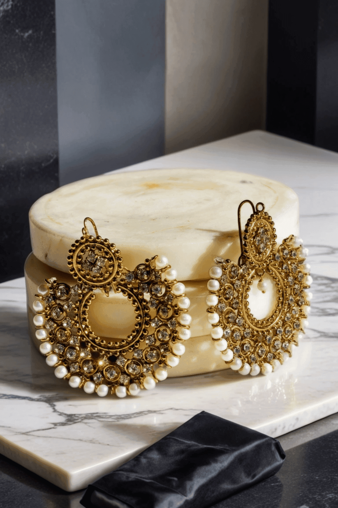 Laila Chandbali Earrings in antique gold with crystal stones and pearls, styled on a marble box for a regal aesthetic.