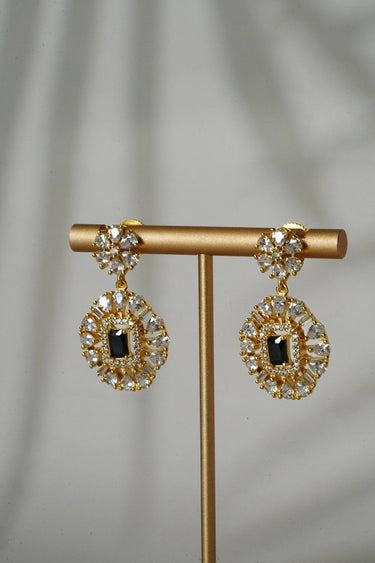 Gold-plated dainty earrings from Luna Chic Choker Set featuring black center stones and crystal halo, perfect for elegant accessorizing.