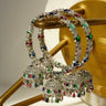 Mahira Multicolor Triple Jhumki AD Bangle Bracelet - High-quality stones, design with peacock and hanging balls, set of two elegant bangle bracelets.