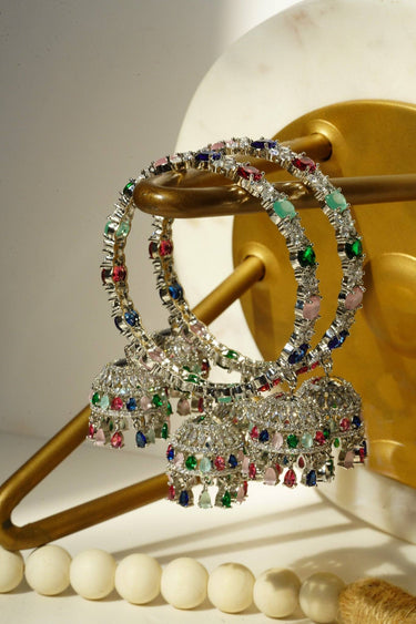 Mahira Multicolor Triple Jhumki AD Bangle Bracelet - High-quality stones, design with peacock and hanging balls, set of two elegant bangle bracelets.