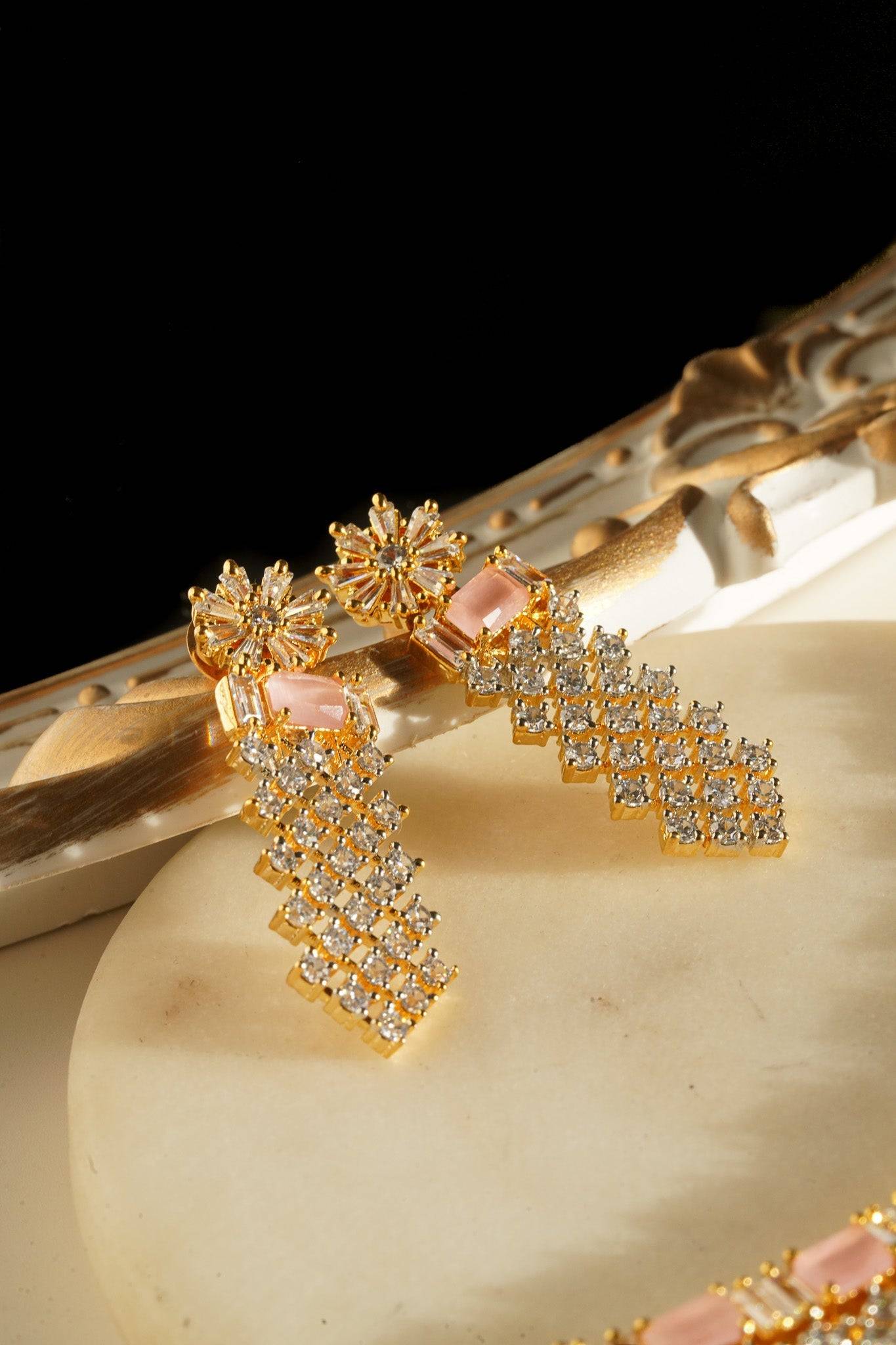 Meghna Diamante Necklace Set - High-quality brass with AD stones, available in gold & green, and gold & dusty pink, includes top-style earrings.