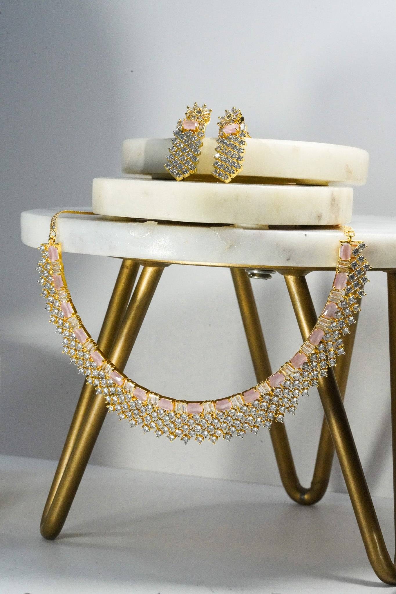 Meghna Diamante Necklace Set - High-quality brass with AD stones, available in gold & green, and gold & dusty pink, includes top-style earrings.