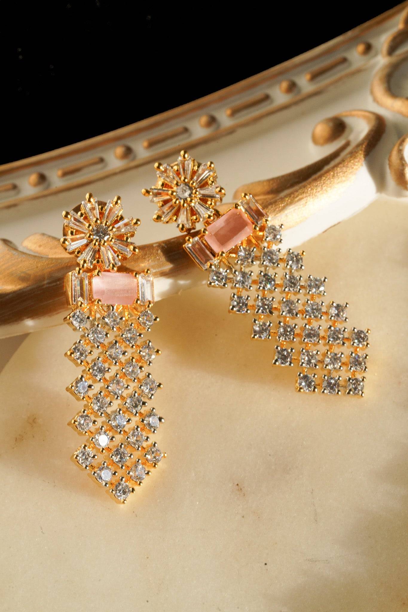 Meghna Diamante Necklace Set - High-quality brass with AD stones, available in gold & green, and gold & dusty pink, includes top-style earrings.