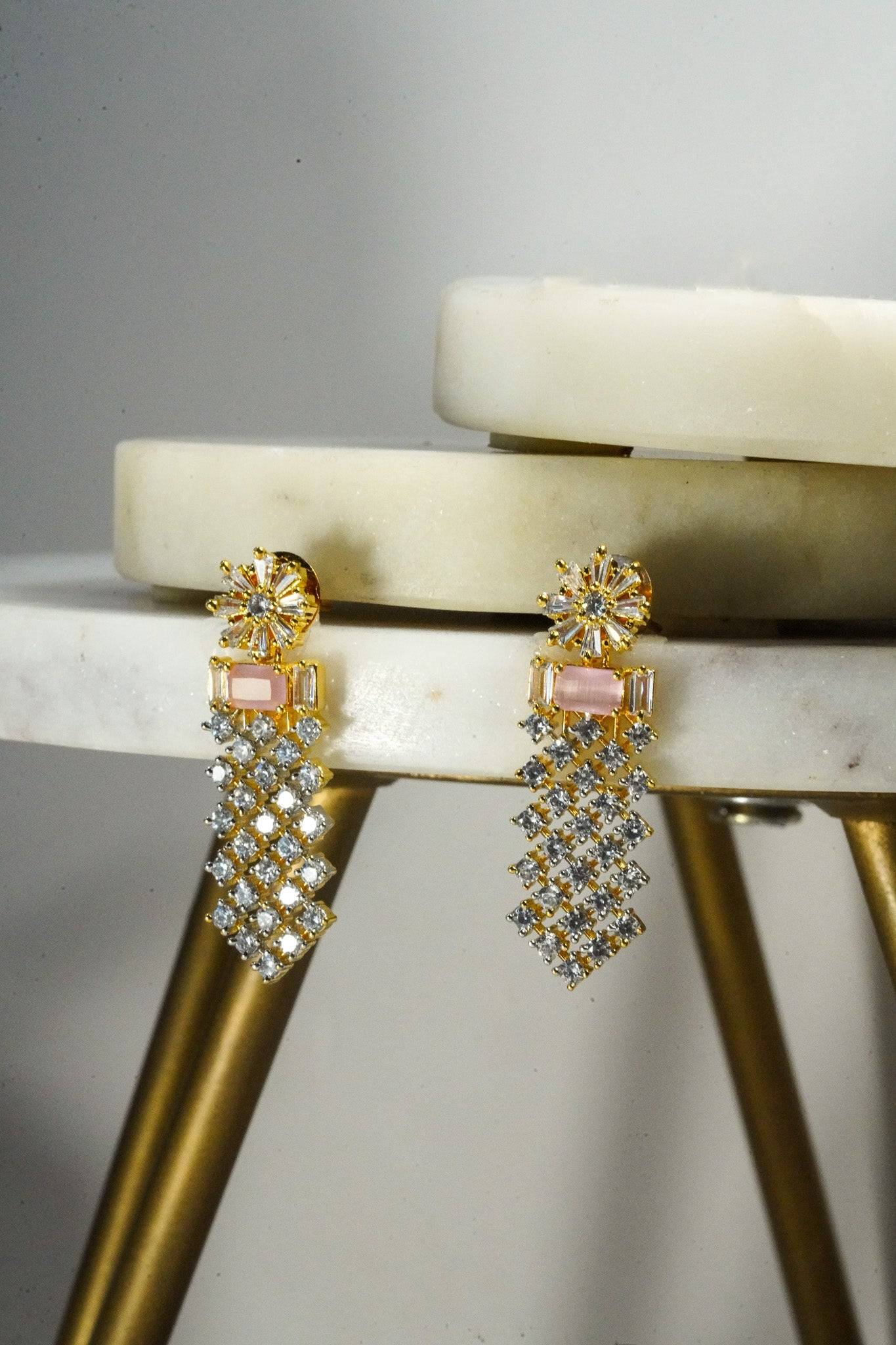 Meghna Diamante Necklace Set - High-quality brass with AD stones, available in gold & green, and gold & dusty pink, includes top-style earrings.