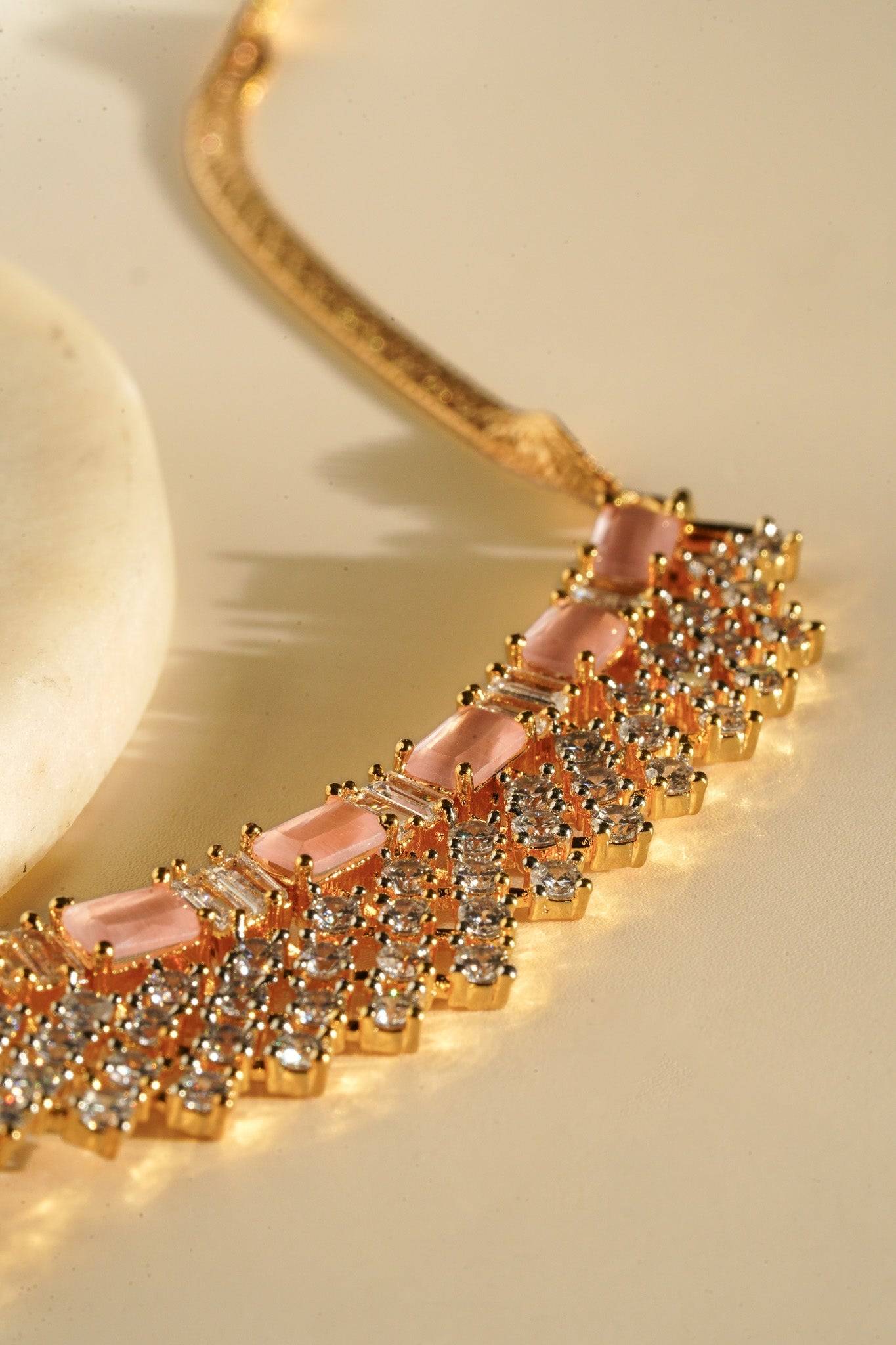 Meghna Diamante Necklace Set - High-quality brass with AD stones, available in gold & green, and gold & dusty pink, includes top-style earrings.