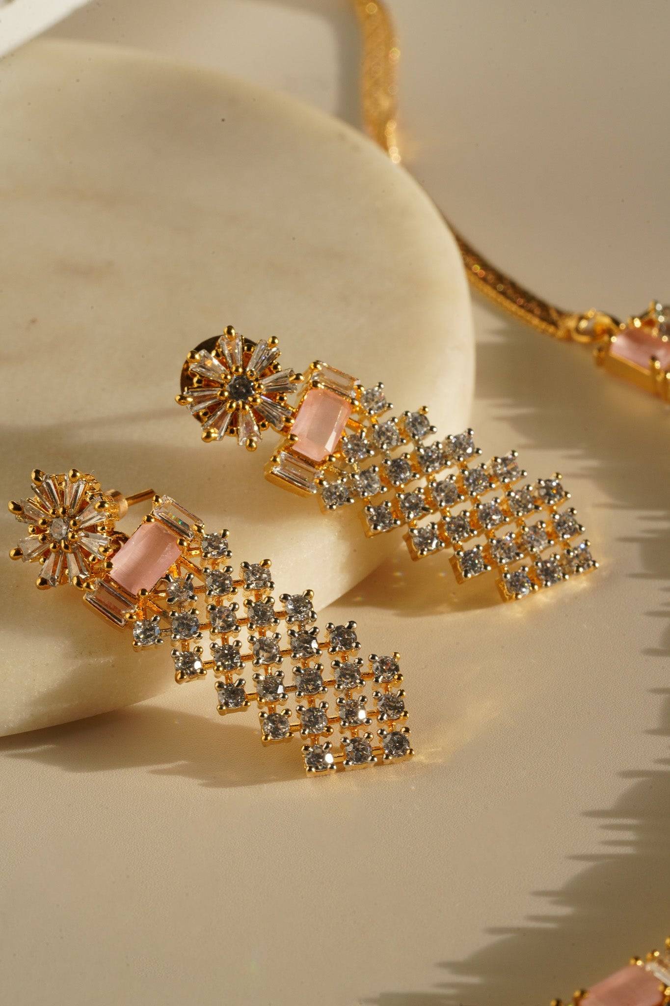 Meghna Diamante Necklace Set - High-quality brass with AD stones, available in gold & green, and gold & dusty pink, includes top-style earrings.