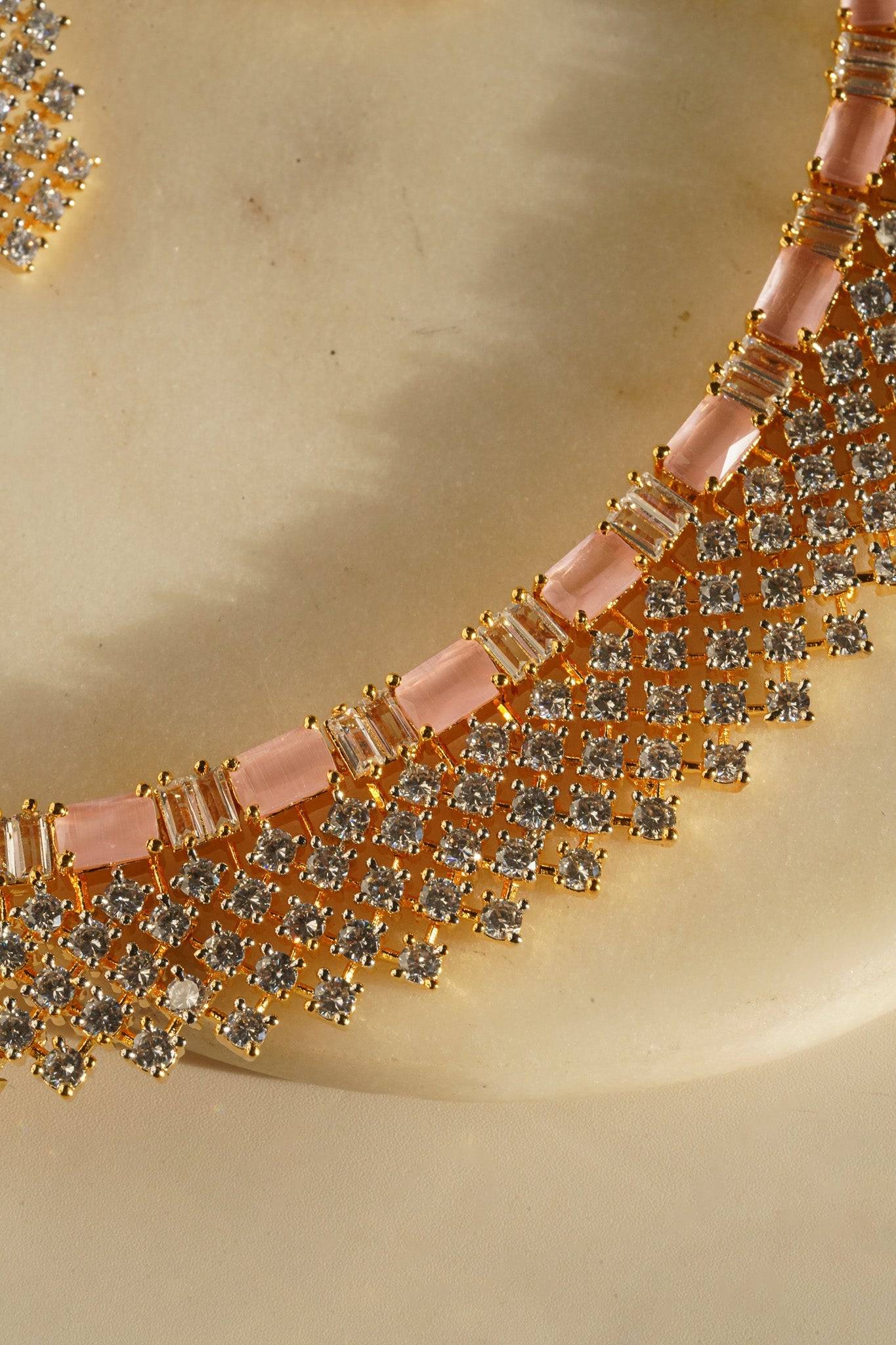Meghna Diamante Necklace Set - High-quality brass with AD stones, available in gold & green, and gold & dusty pink, includes top-style earrings.