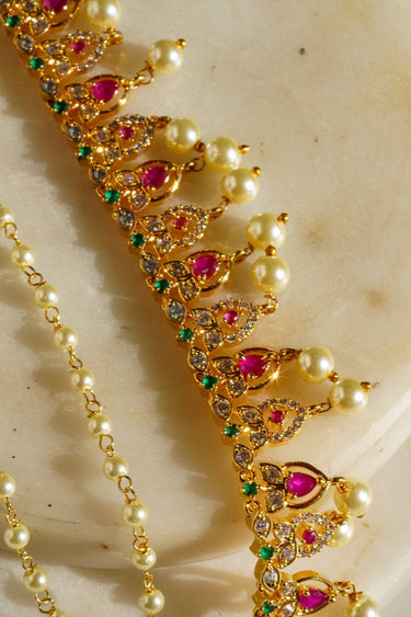Mihika Diamanté Accent AD Ear Chains - Gold-plated with white or multicolor AD stones and pearls, featuring a convenient hook for easy placement.