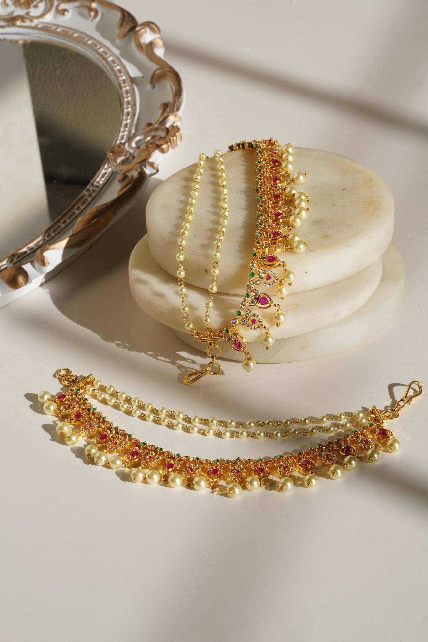 Mihika Diamanté Accent AD Ear Chains - Gold-plated with white or multicolor AD stones and pearls, featuring a convenient hook for easy placement.