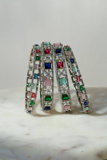 Minahil - Silver Multicolor AD Bangles (Set of 4) Bangles from Inaury